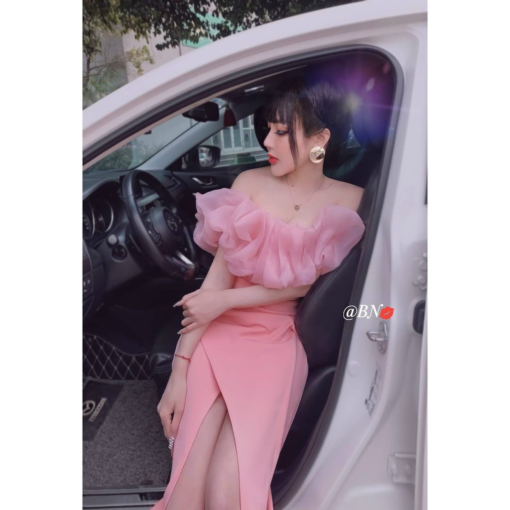 Đầm body xẻ tà trễ vai phối bèo có mút ngực 856656