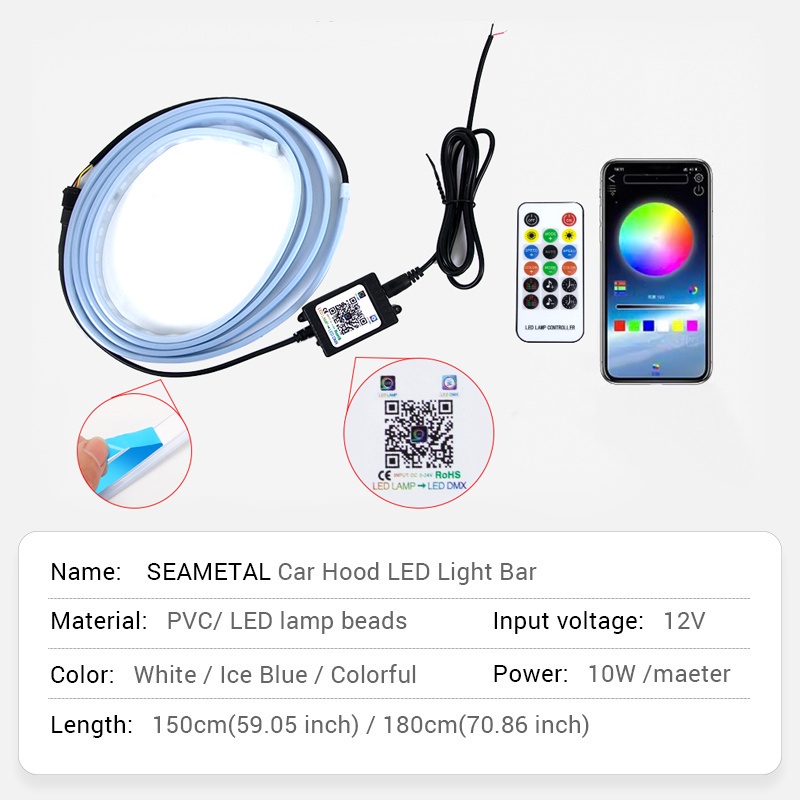 Dải đèn LED ô tô SEAMETAL 12v tự động gắn phía trước đầy màu sắc trắng băng xanh dương 150/180 CM