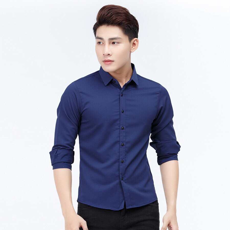 Sơ mi nam hàn quốc xanh đậm dáng trơn vải cotton lụa | BigBuy360 - bigbuy360.vn