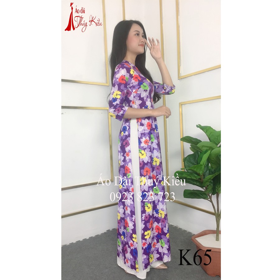 Áo dài nữ may sẵn hoa nhí thiết kế đẹp cách tân tết màu tím K65 Thúy Kiều mềm mại, co giãn,áo dài giá rẻ