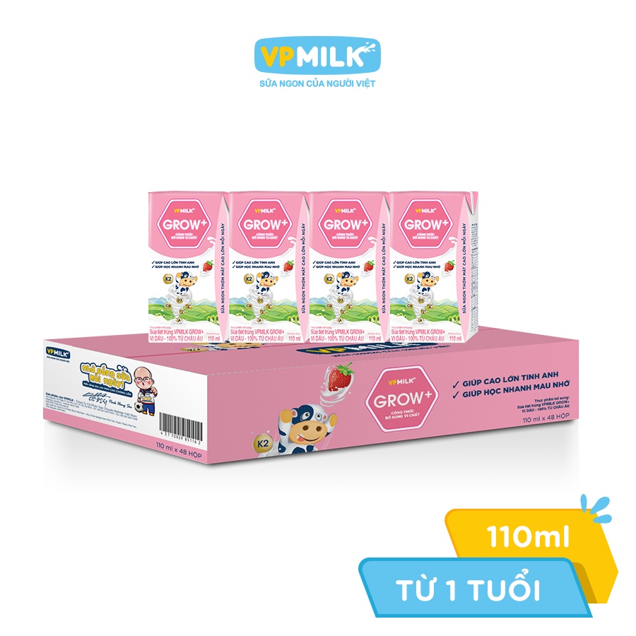 Sữa tiệt trùng VPMilk Grow+ vị dâu 110ml (thùng 48 hộp)