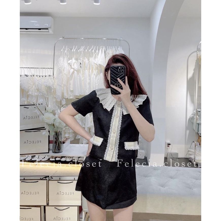 SET ÁO ĐEN CỔ REN HOA HÀNG NÚT + CHÂN VÁY LÓT QUẦN VIỀN TRẮNG