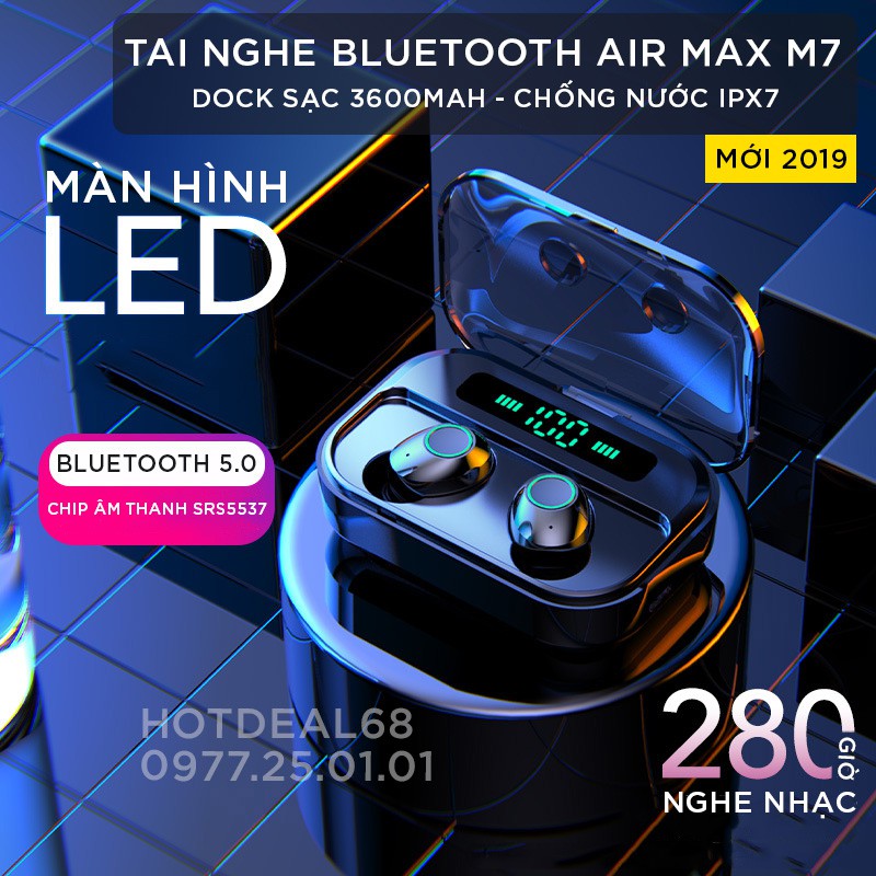 (CAO CẤP) Tai Nghe Bluetooth 5.0 Air Max M7 - Hộp Sạc 3600mAh, Chống Nước IPX7, Sạc Nhanh, Chế Độ Dùng 1-2 , 280h Nghe