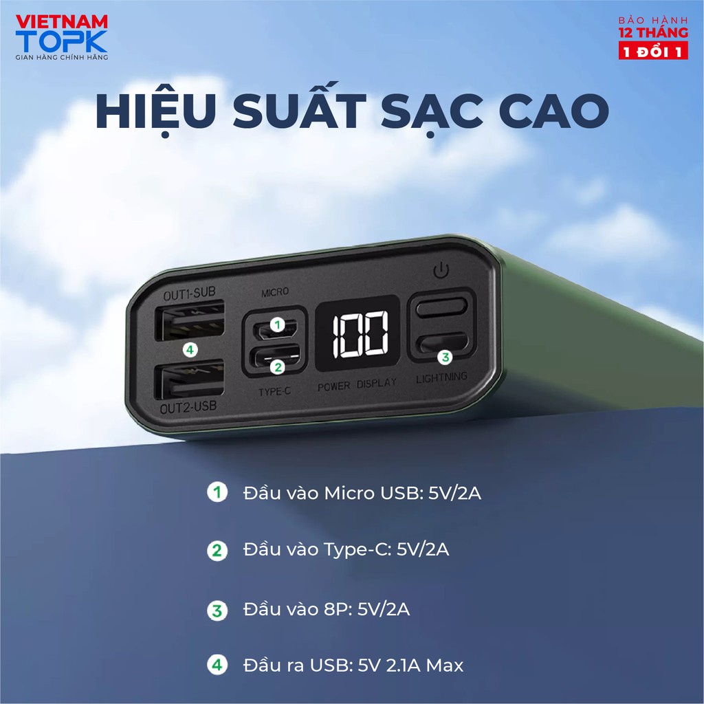 Sạc dự phòng 20000mAh TOPK I2006 Màn hình LED - 2 cổng ra - Hàng phân phối chính hãng - Bảo hành 12 tháng 1 đổi 1