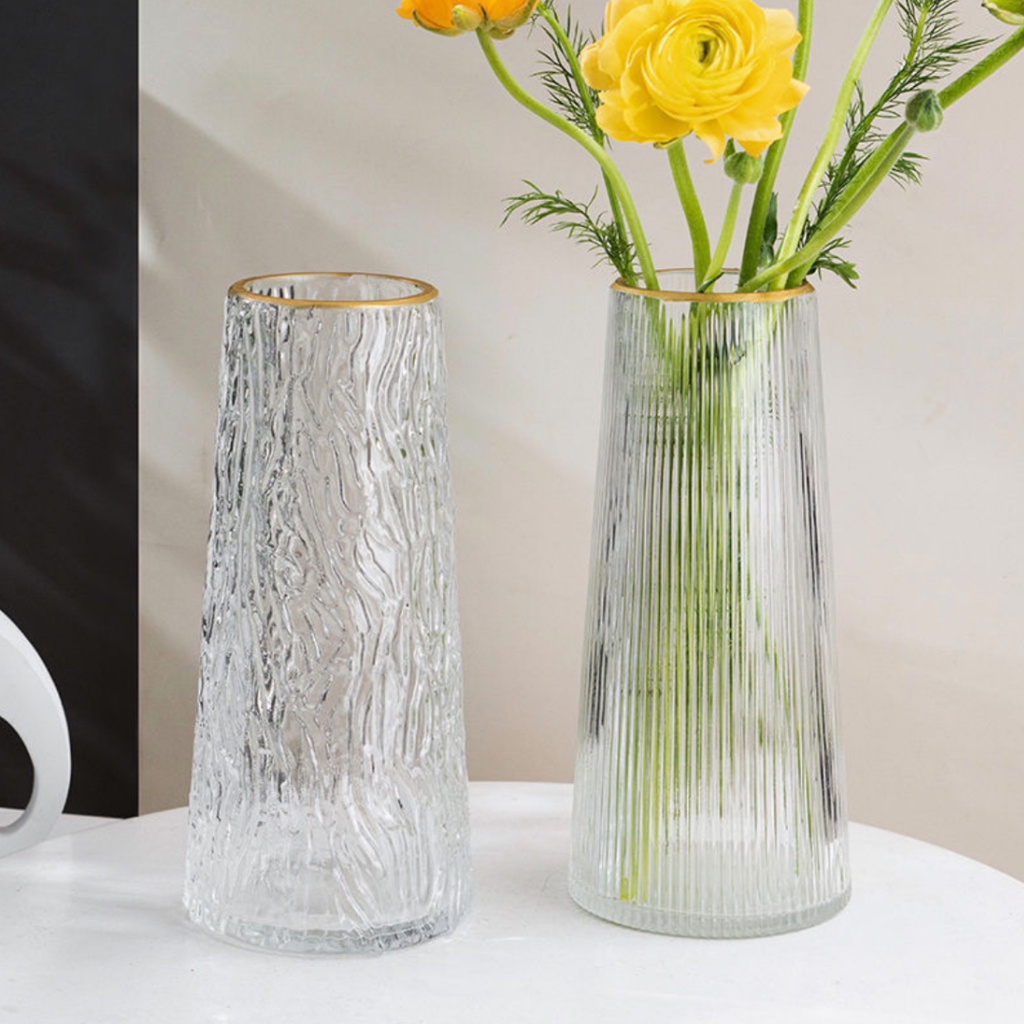 Lọ Hoa Thuỷ Tinh Decor Màu Xám, Xanh Viền Vàng Kích Thước 22cm Cao Cấp Phong Cách Bắc Âu BlueBell
