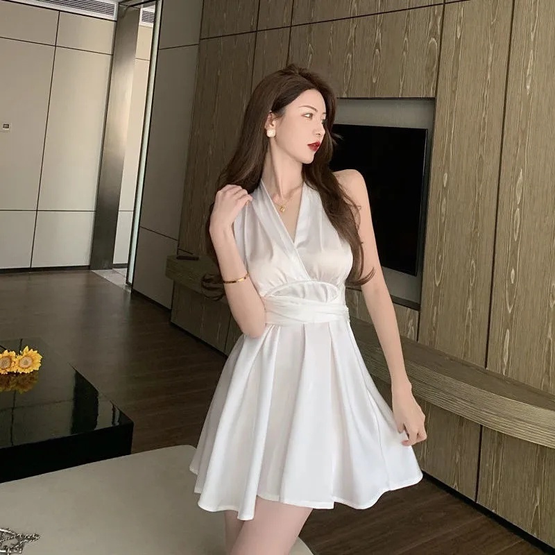 [MURIOKI] Đầm Dự Tiệc Dáng Chữ A Cổ Chữ V Hở Lưng Phong Cách Hàn Quốc Dành Cho Nữ