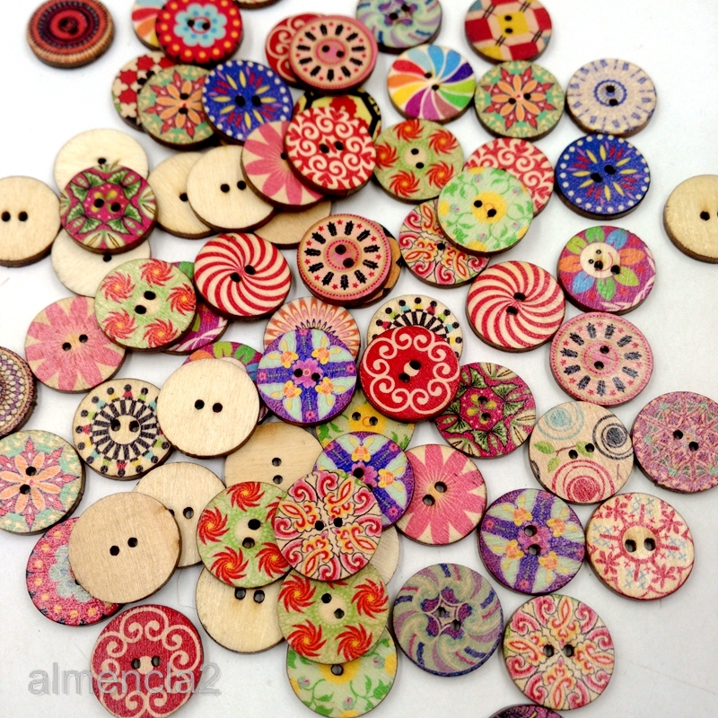 100Pcs Assorted Round Shaped Painted 2 Hole Wooden Sewing Buttons for Craft
