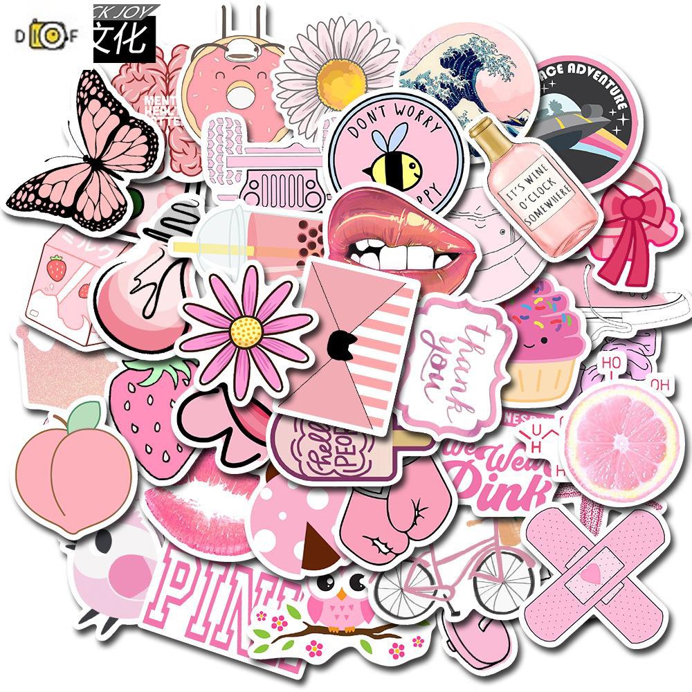 Bộ 50 miếng dán trang trí laptop màu hồng xinh xắn đáng yêu