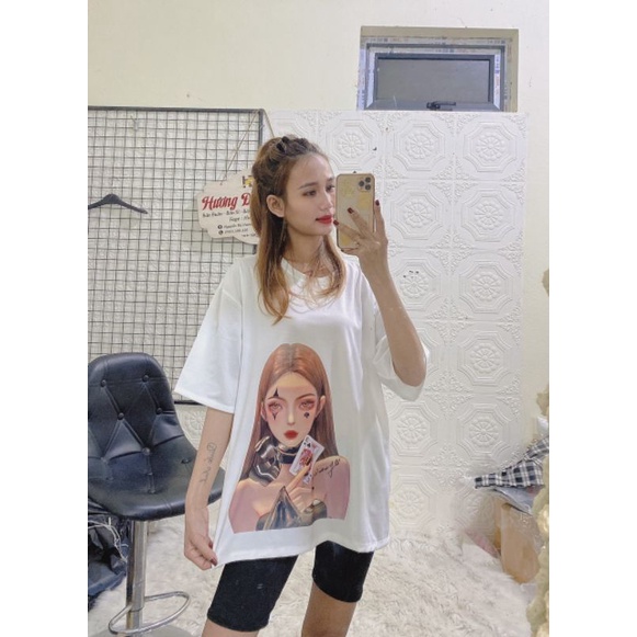 Áo Thun Cô Gái Tay Lỡ Unisex Form Rộng Cổ Tròn In Hình Cô Gái Hot 2022