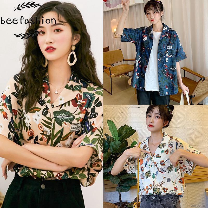 Áo kiểu chất Chiffon tay ngắn hoạ tiết lá phong cách Hawaii