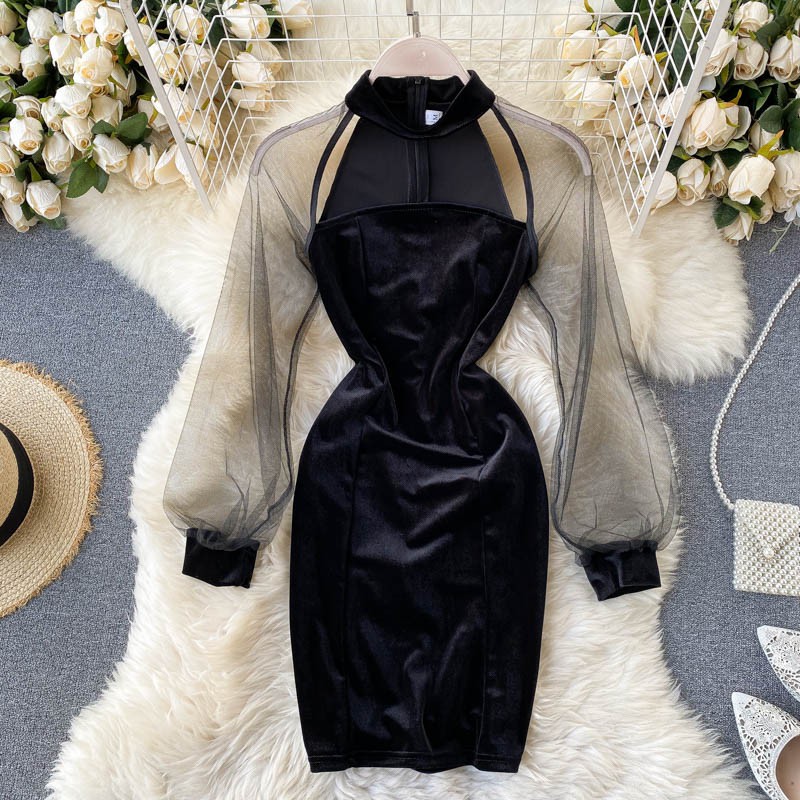 Đầm Nhung Dự Tiệc Hở Ngực Phối Tay Hàng Thiết Kế Tôn Dáng Sang Trọng