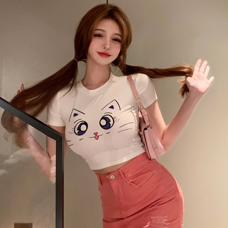 Áo Thun Croptop Tay Ngắn Cổ Tròn In Hoạt Hình Kiểu Hàn Quốc Thời Trang Mùa Hè Năng Động