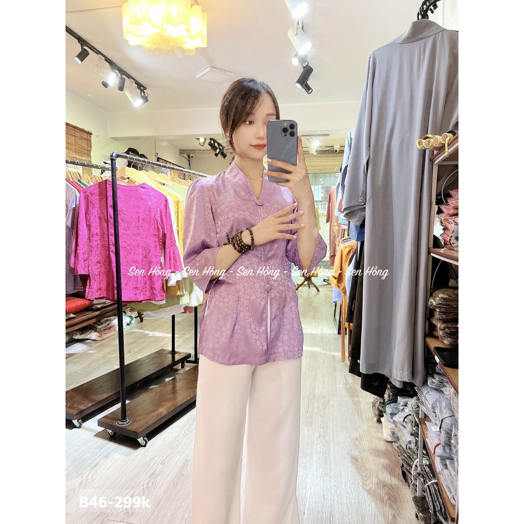Đồ bộ lụa đi chùa - quần áo Phật tử lụa gấm nữ - set pháp phục bà lai cách tân tay phồng Kèm Quần lụa Tây Thi B46