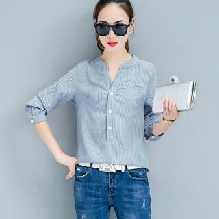 Áo sơ mi sọc cổ V cách điệu (M, L)