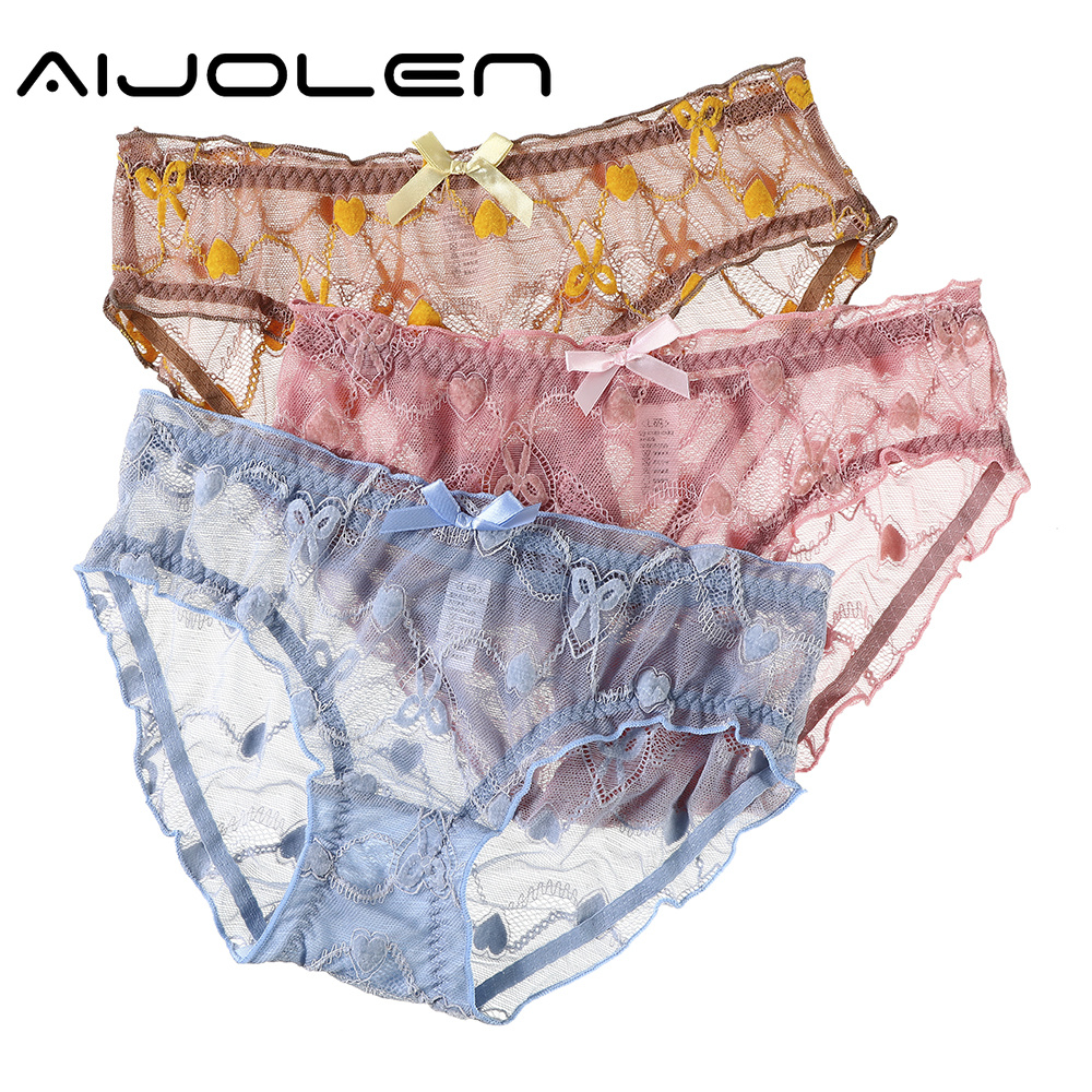Quần lót AIJOLEN dạng ren lưới xuyên thấu diềm xếp nếp phối nơ gợi cảm cho nữ