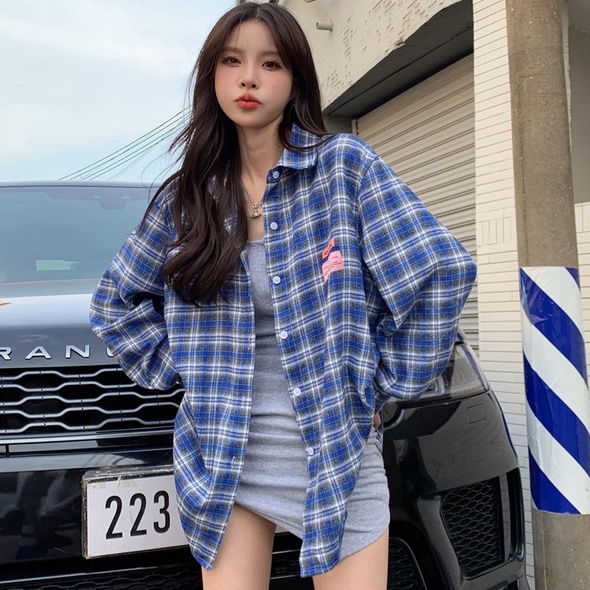 【ZHELIHANGFEI】Áo Sơ Mi Nữ Tay Dài Dáng Rộng Họa Tiết Caro Màu Xanh Dương Dễ Phối Đồ