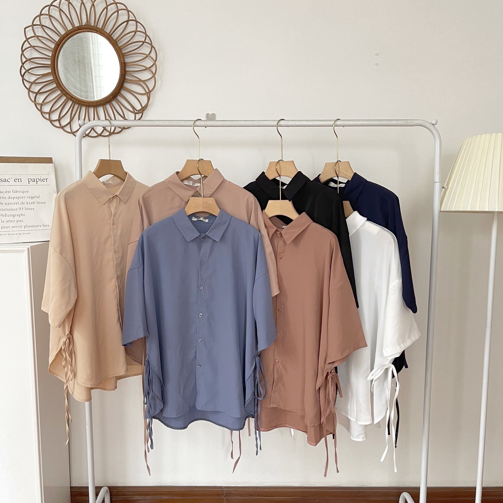 Sơ mi lụa ngắn tay trơn rút dây 2 bên - kèm ảnh thật chụp tại shop