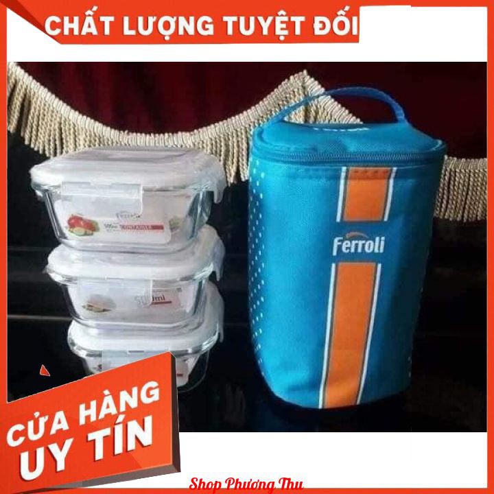 Bộ 3 Hộp Cơm Thủy Tinh Ferroli Kèm Túi Giữ Nhiệt Cao Cấp