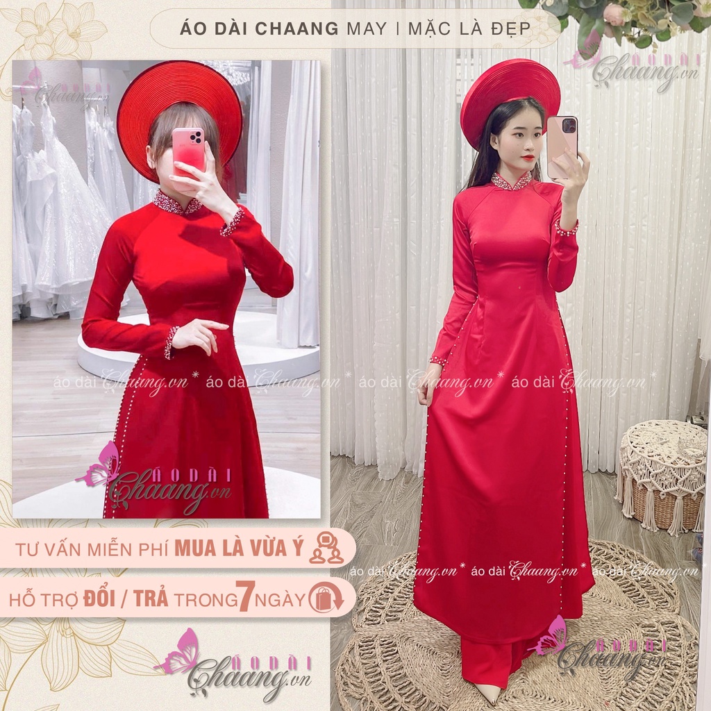 Áo Dài Cưới Truyền Thống CHAANG May Thiết Kế Sẵn 4 Tà Đính Tủa Cổ Ngọc Cô Dâu Dự Tiệc Đẹp ADC1422