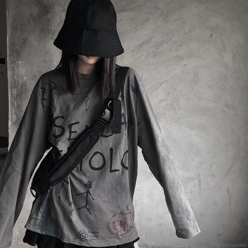 Áo thun tay dài dáng rộng hoạ tiết Graffiti độc đáo