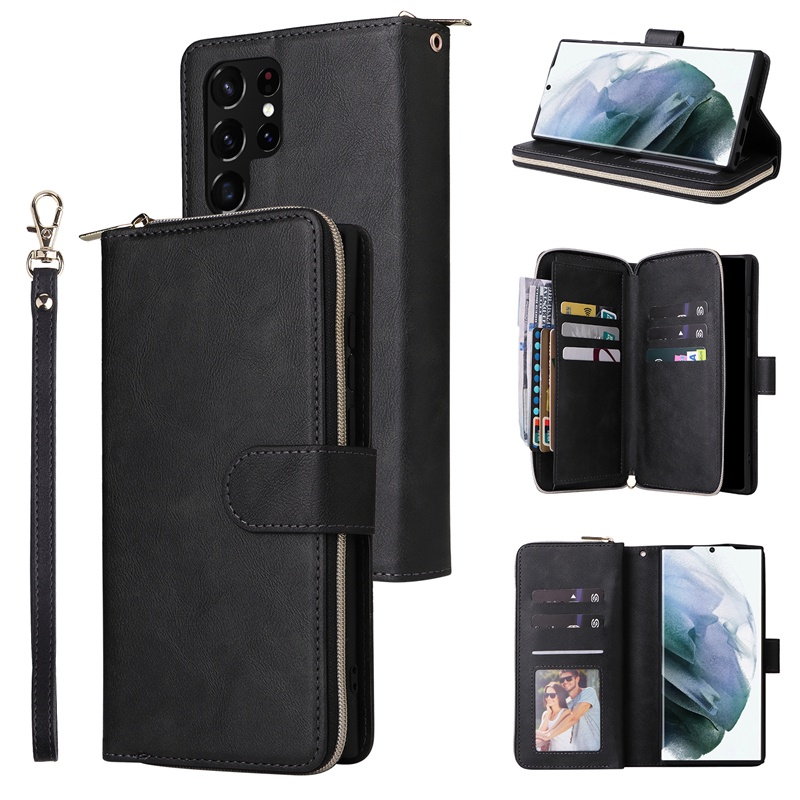 Ốp Điện Thoại Da PU Kiểu Ví Lật Có Khóa Kéo Sang Trọng Cho Samsung S22 S21 S20 FE Ultra Plus