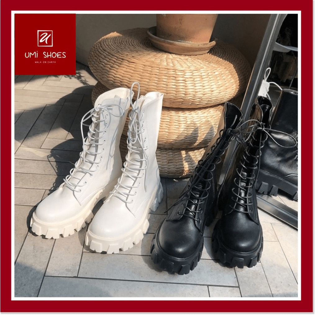 𝔹𝕆𝕊𝕊 𝕊ℍ𝕆𝔼𝕊 ⚜️ Bốt ulzzang cao cổ 20cm buộc dây kéo khóa đế cao to bự răng cưa 5.5cm màu đen/trắng cá tính đẹp mớ