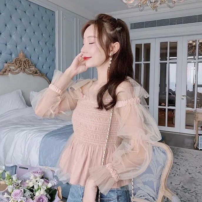 Áo hồng tiểu thư tay phồng hở vai croptop ulzzang hàn quốc Lina Top