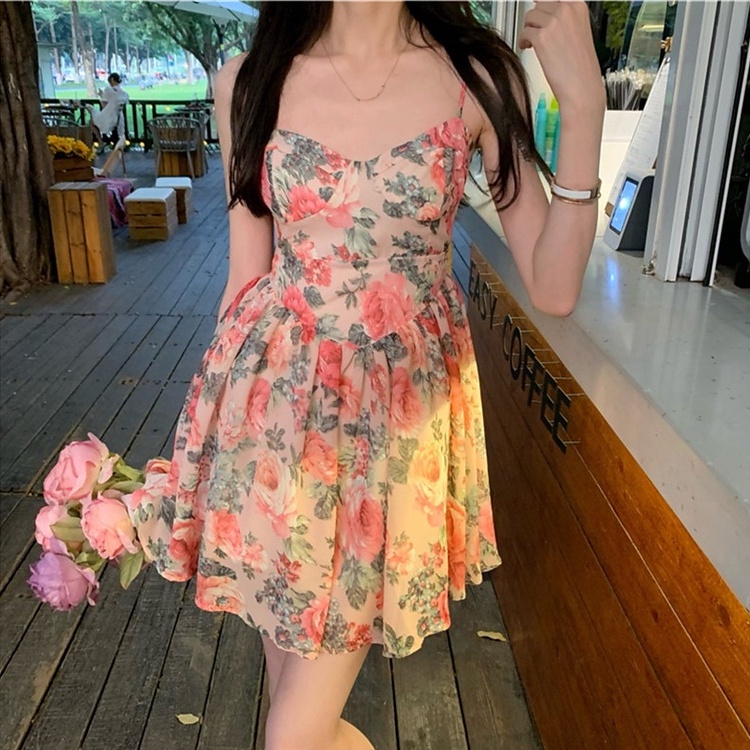 Đầm chiffon hai dây ZHELIHANGFEI nhấn eo họa tiết hoa phong cách sang trọng thời trang