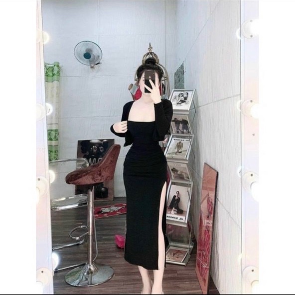 Set đầm body nữ 2 món đầm ống dáng dài xẽ tà kèm áo khoác tay dài chất thun gân hot 72