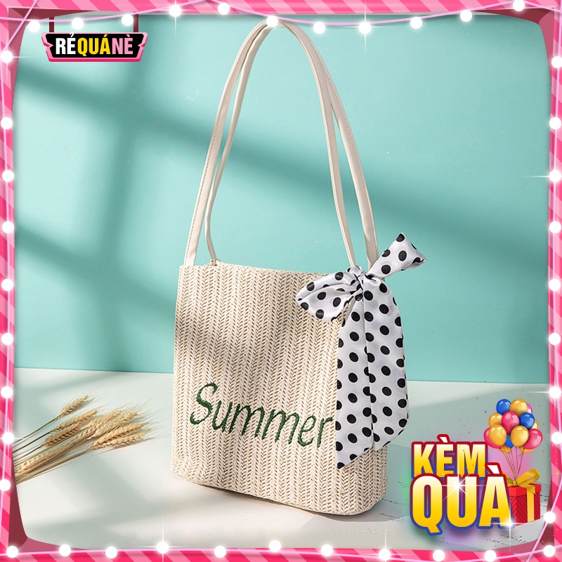 Túi Cói Xô Phối Khăn Nơ Đi Biển Summer RQN1355