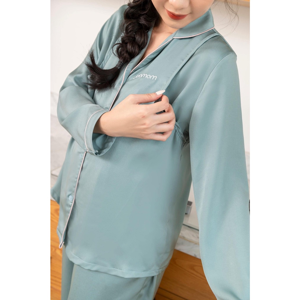 Bộ mặc nhà bầu và sau sinh lụa cao cấp mở ti tiện lợi thêu chữ tay Joamom