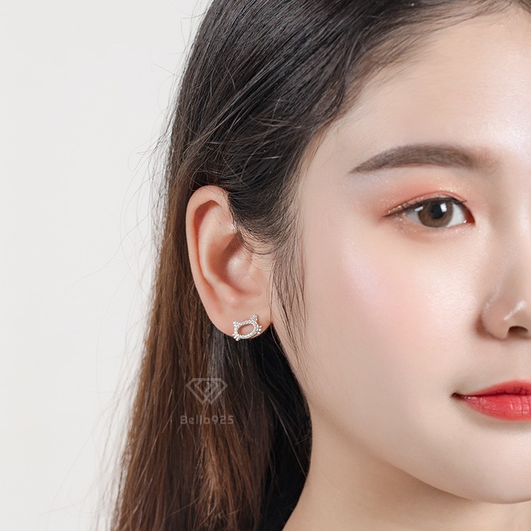Bông tai nữ hình mèo và cá dễ thương có đính hạt khuyên tai bạc 925 hàng hộp sang trọng Bella925 B824