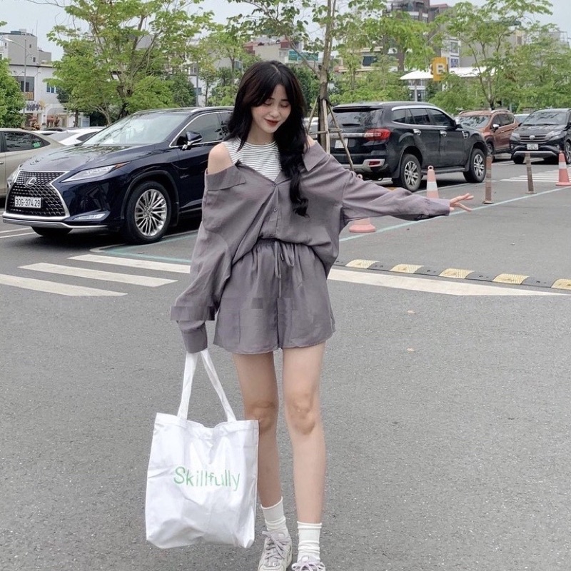 Set 3 Món Mix Ba Lỗ Kẻ Ngang L.Y Unisex 🌸 Bộ đồ quần sooc ống rộng kèm áo sơ mi dài tay bồng bánh bèo đẹp 🌸