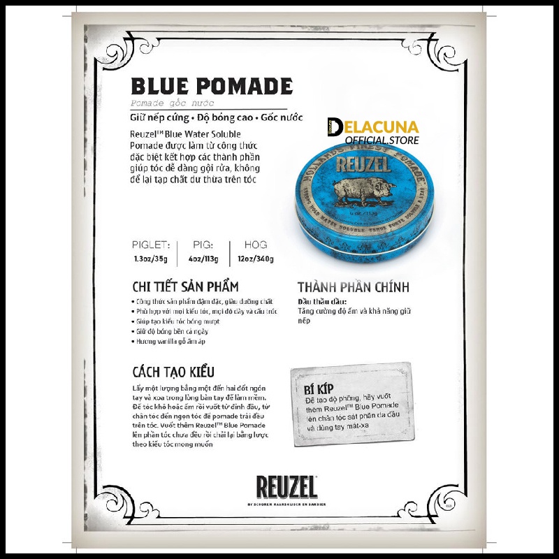 Sáp vuốt tóc nam chính hãng Reuzel Blue Pomade cao cấp Delacuna RB01