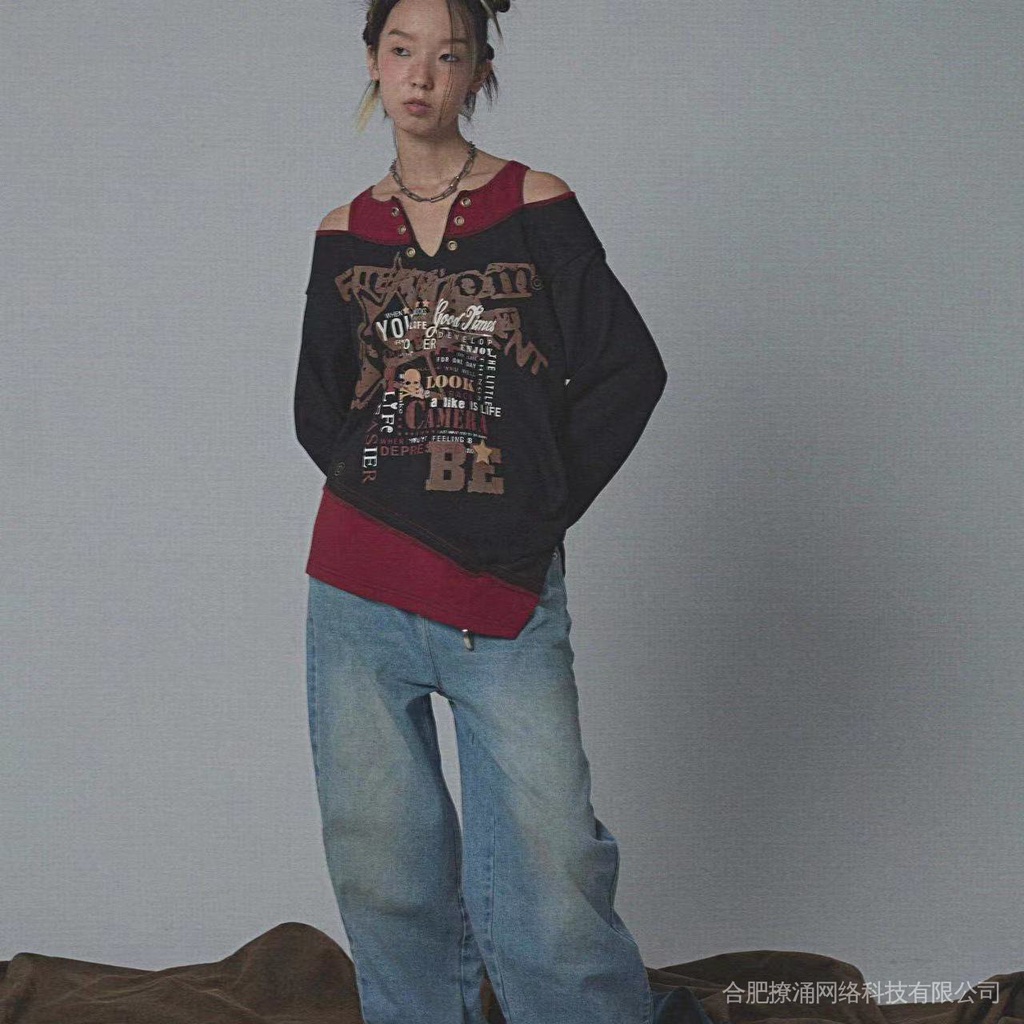 Ya culture Áo Thun Dài Tay Giả Hai Mảnh Không Đối Xứng In Họa Tiết Phong Cách punk Milan y2k hot girl