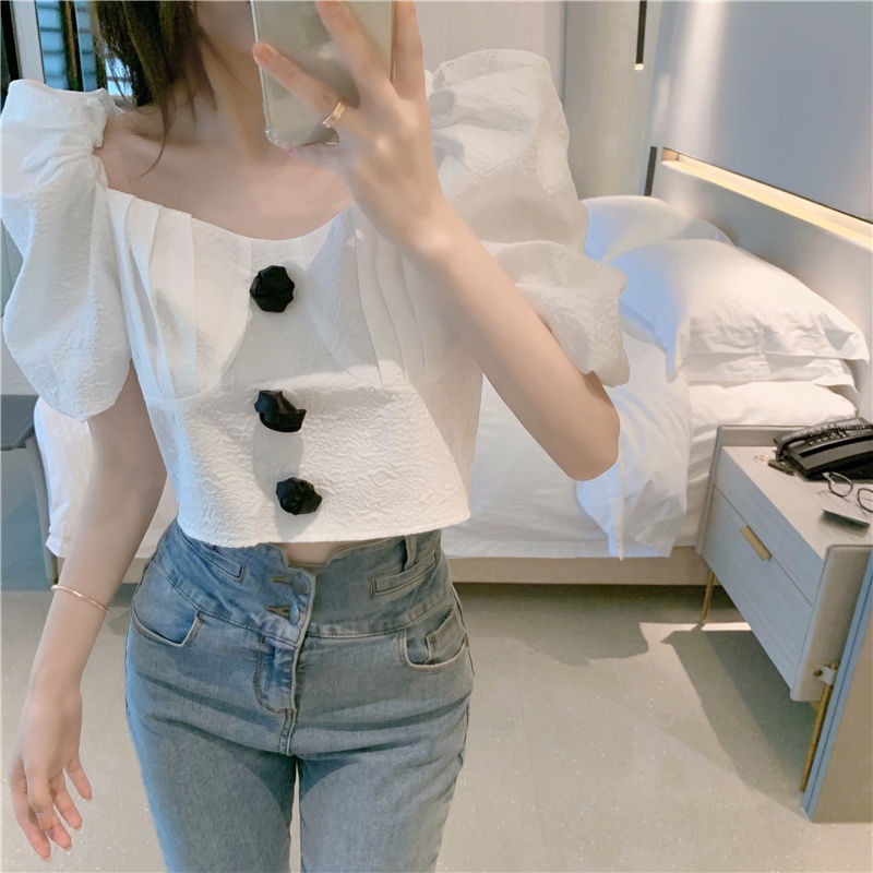 AMOI Áo Kiểu Cổ Vuông Tay Phồng Họa Tiết Sọc Caro Phong Cách Pháp Thời Trang Cho Nữ