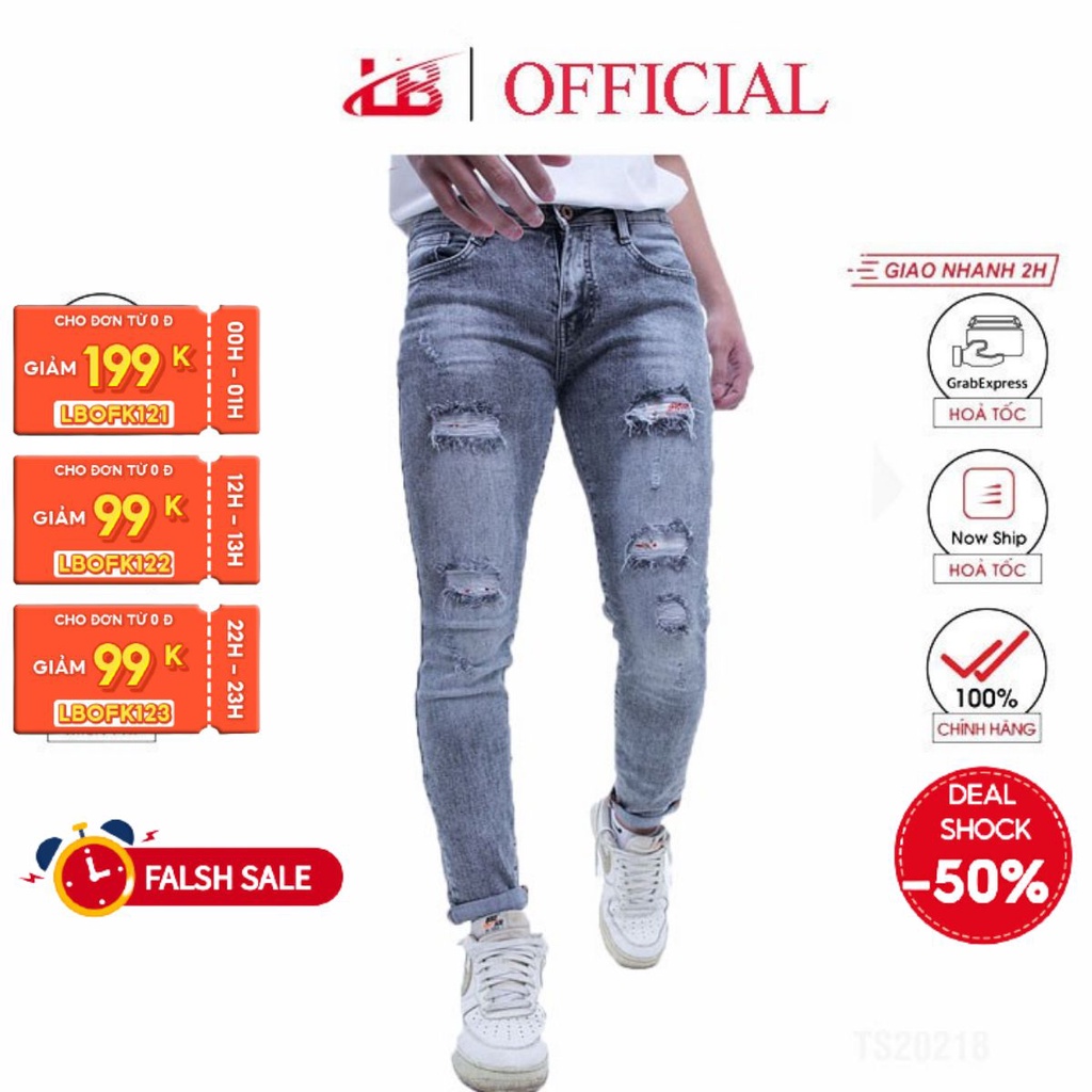 [Mã LT50 giảm 50k đơn 250k] Quần jean dài nam LB co giãn rách gối, vải jean denim dày dặn QJNSHBT5143