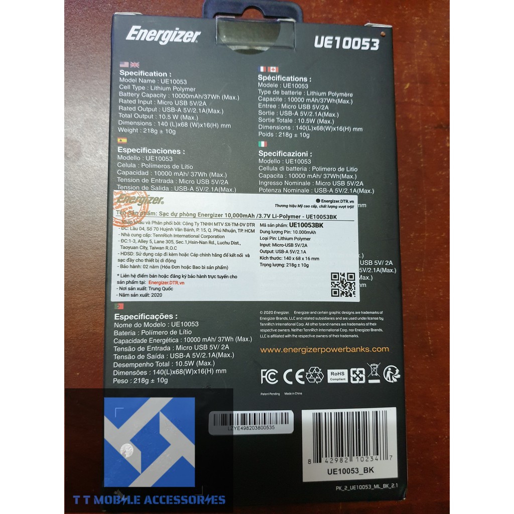 Sạc dự phòng Energizer UE10053 10,000mAh, màu Đen, mỏng nhẹ chính hãng Energizer Vietnam, mới 100%, B/hành 2 năm 1 đổi 1