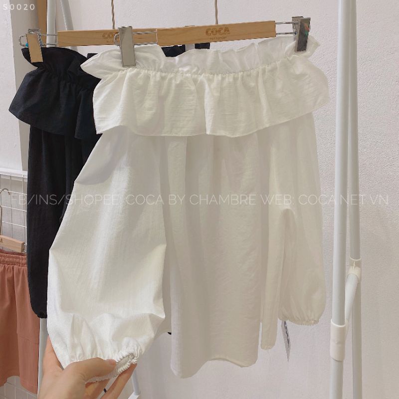 [S0020] Áo sơ mi trễ vai nhún bèo phong cách Hàn Quốc (Có sẵn/ảnh thật)