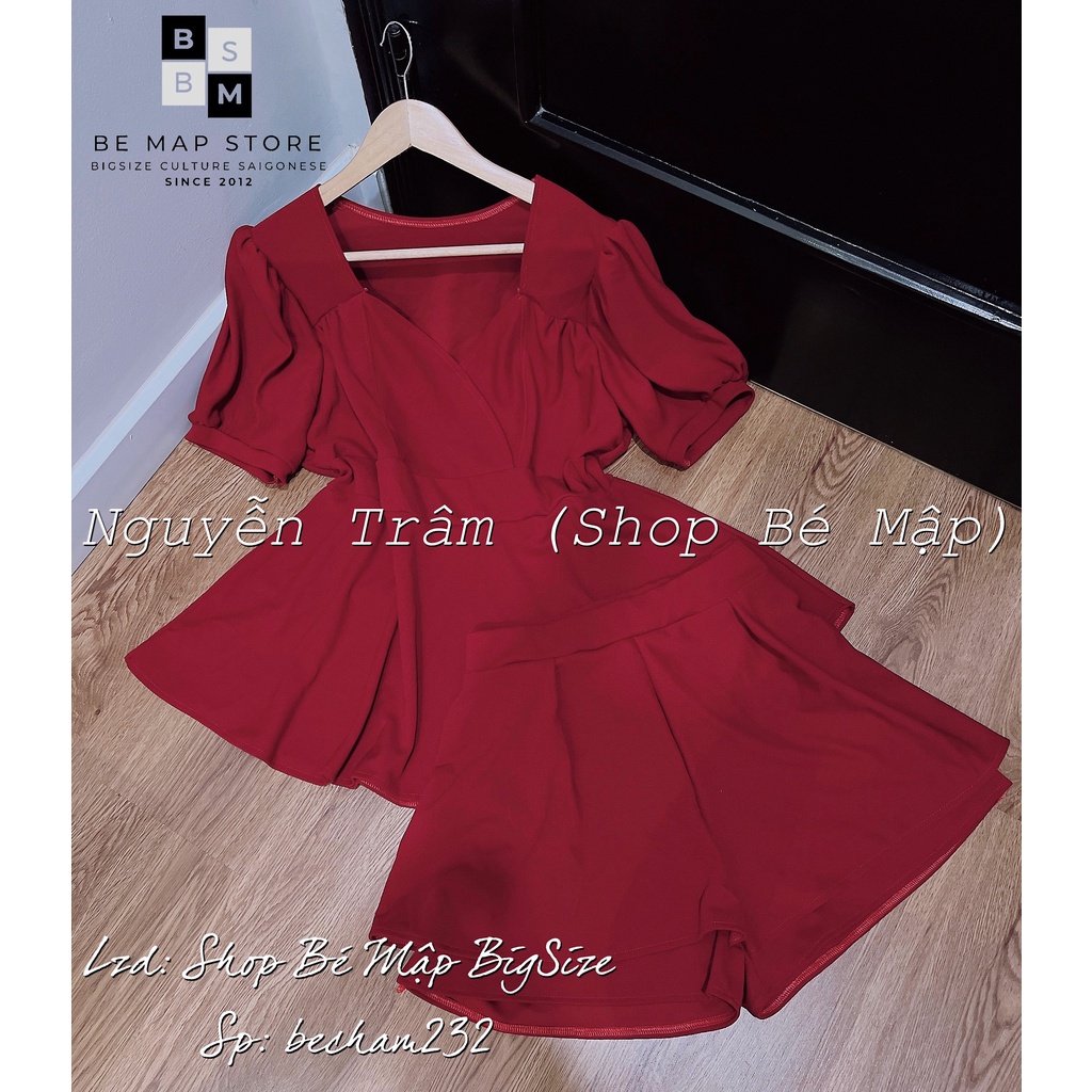 Set Áo Peplum Cổ V Quần Short Giả Váy BigSize 60-87Kg
