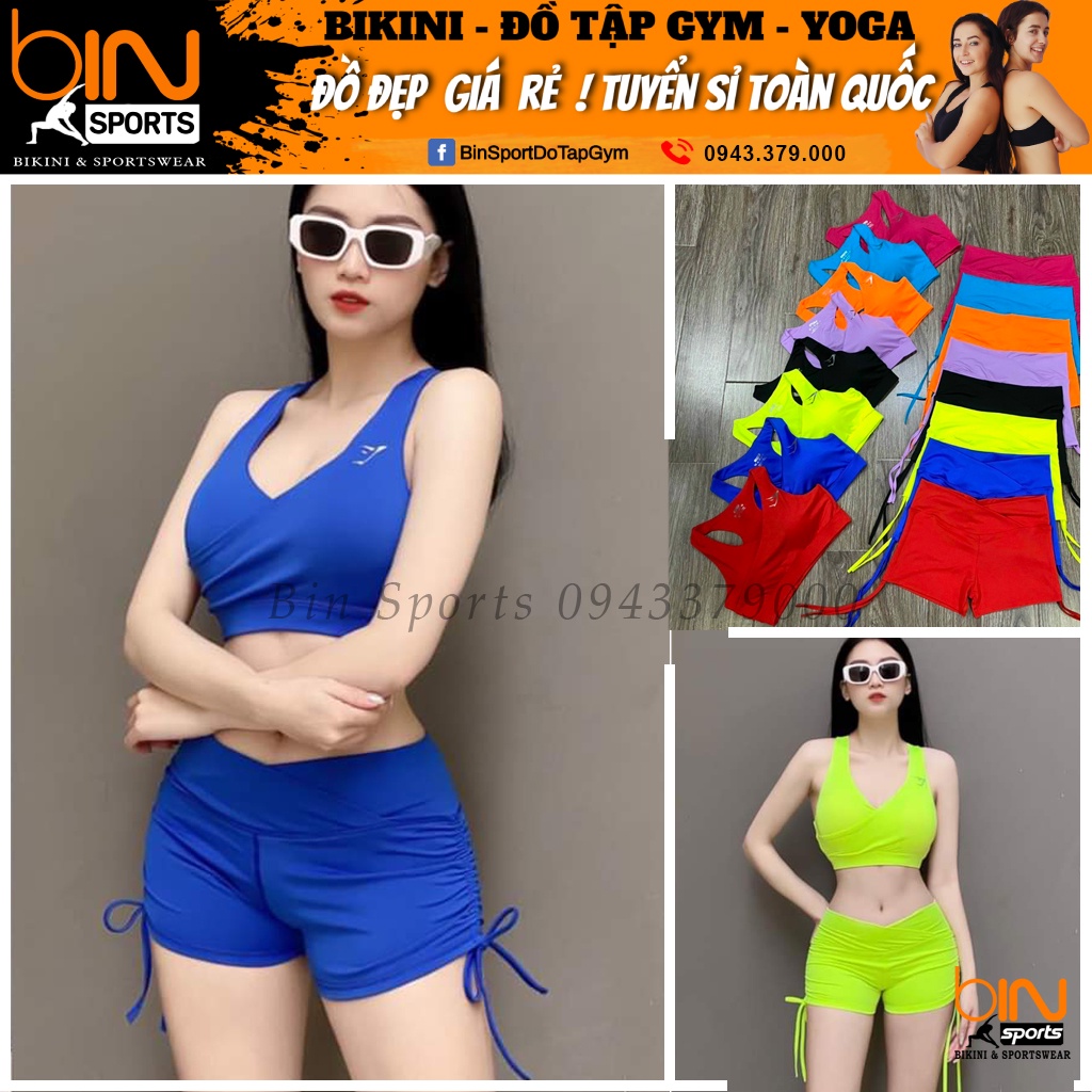 Set bộ đùi thể thao tập gym yoga nữ áo bra kèm mút quần đùi cạp chéo dây rút cao cấp Bin Sport BN023