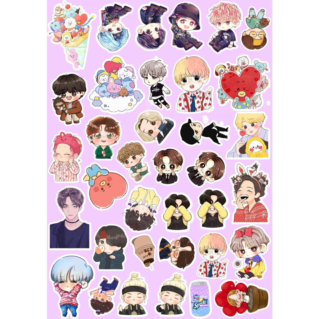 Sticker BTS chibi, cute, anime nhãn gián tổng hợp hình nhóm BTS, BT21 trang trí sổ, vở...