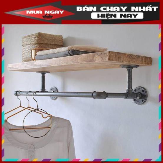 Kệ treo gắn tường gỗ kệ ống nước kiêm giá treo quần áo chất liệu ống nước trang trí nhà decor quán c