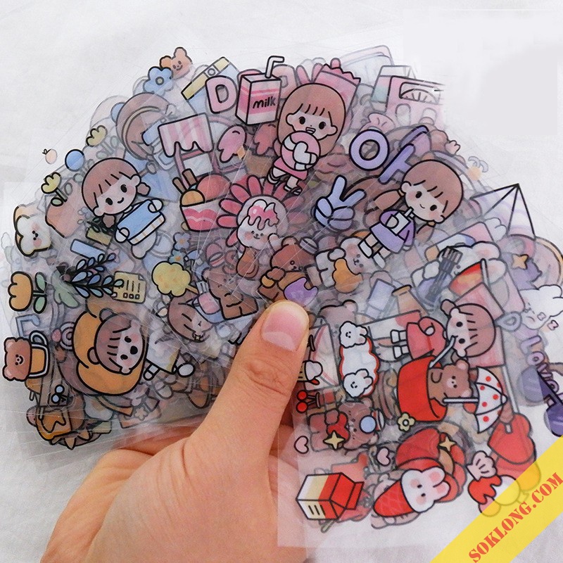 Set 20 tấm 100 miếng sticker nhãn dán Cô nàng dễ thương cute trang trí sổ, điện thoại, nhãn dán laptop