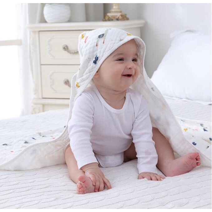 Khăn quấn ủ xô có mũ cho bé sơ sinh, Vải xô 100% cotton mềm mịn giúp bé thoải mái