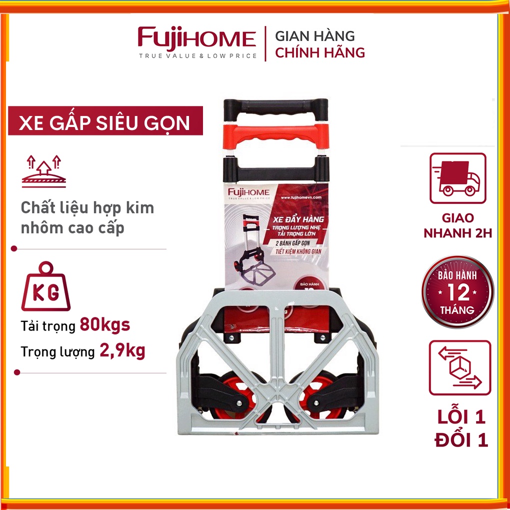 Xe đẩy hàng gấp gọn 2 bánh mini chở hàng 80kg FUJIHOME HT-280, xe kéo hàng gấp gọn siêu thị đa năng giá rẻ [ BH 1 năm]