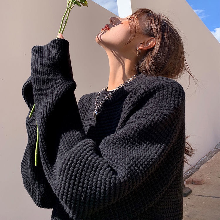 Áo sweater Cổ Tròn Dáng Rộng Màu Trơn Phong Cách Hàn Quốc Thời Trang