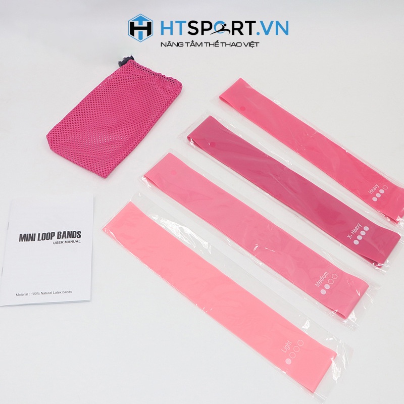 Dây Miniband, Bộ 4 Dây Mini Band Hồng Gradient Kèm Túi, Phụ Kiện Tập Gym Nữ, Dây Cao Su Đàn Hồi Kháng Lực Tập Chân Mông