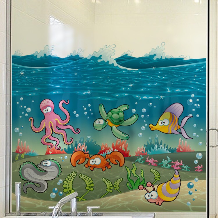 Decal dán kính cao cấp - Những người bạn dưới biển hài hước ( 60x58cm )