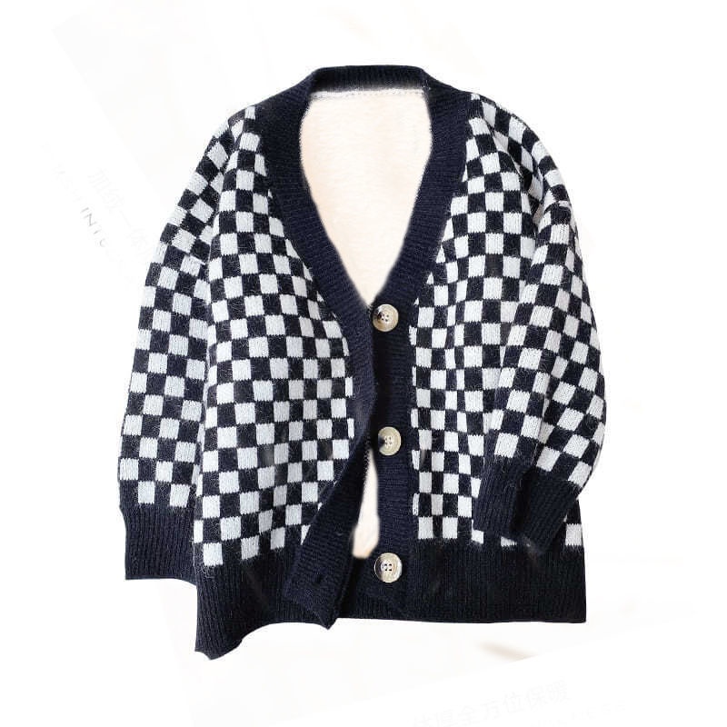 Áo khoác cardigan dệt kim mỏng dáng rộng họa tiết sọc caro phong cách Hàn Quốc cho bé gái 2021